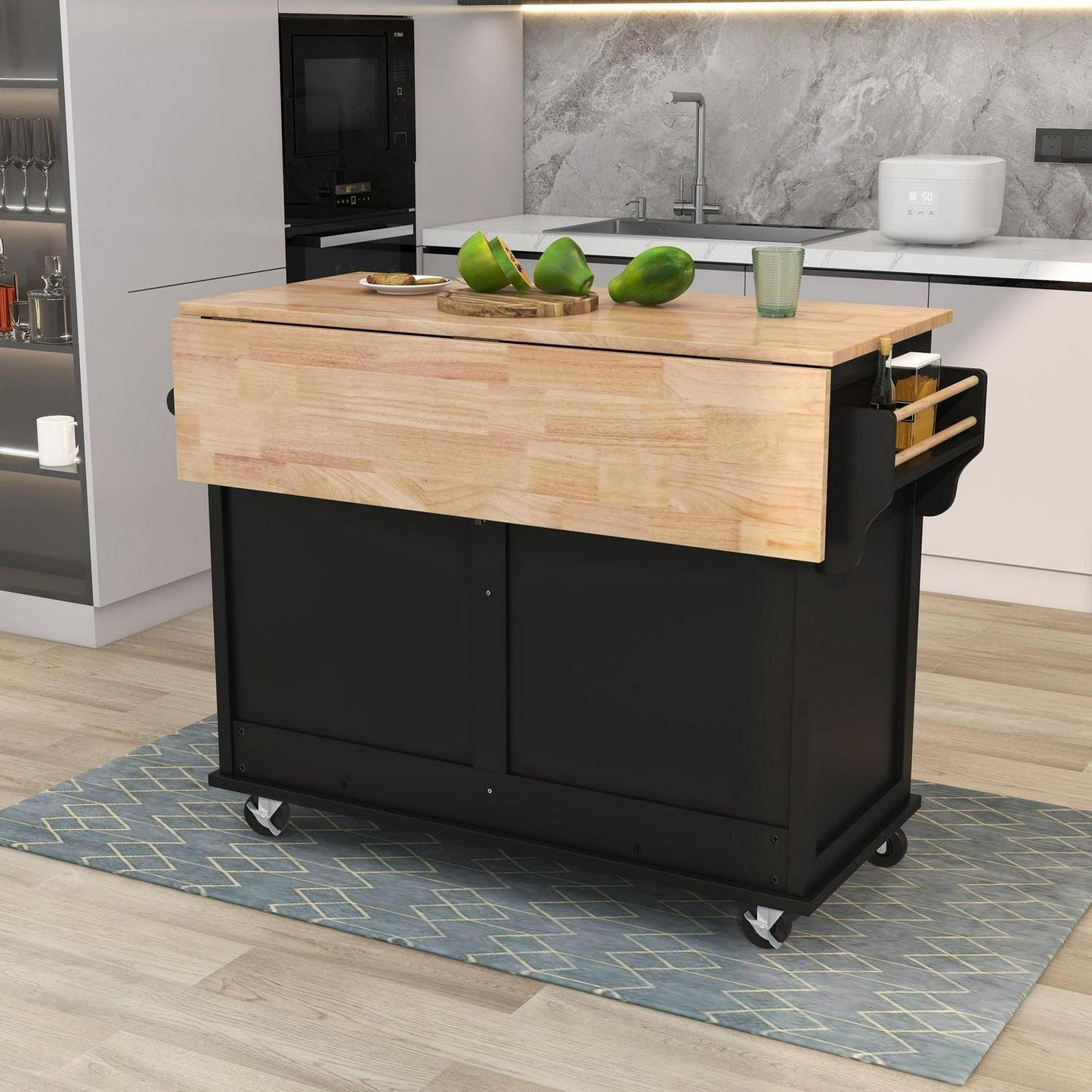 Stylish Drop Leaf Rolling Kitchen Island with Storage - in Black Finish