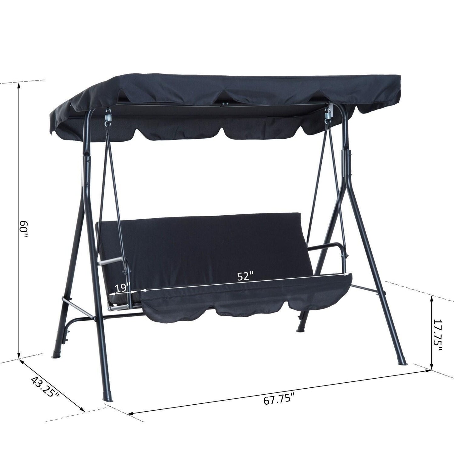 Patio Porch Swing with Adjustable Canopy Cover 3-Person in Black