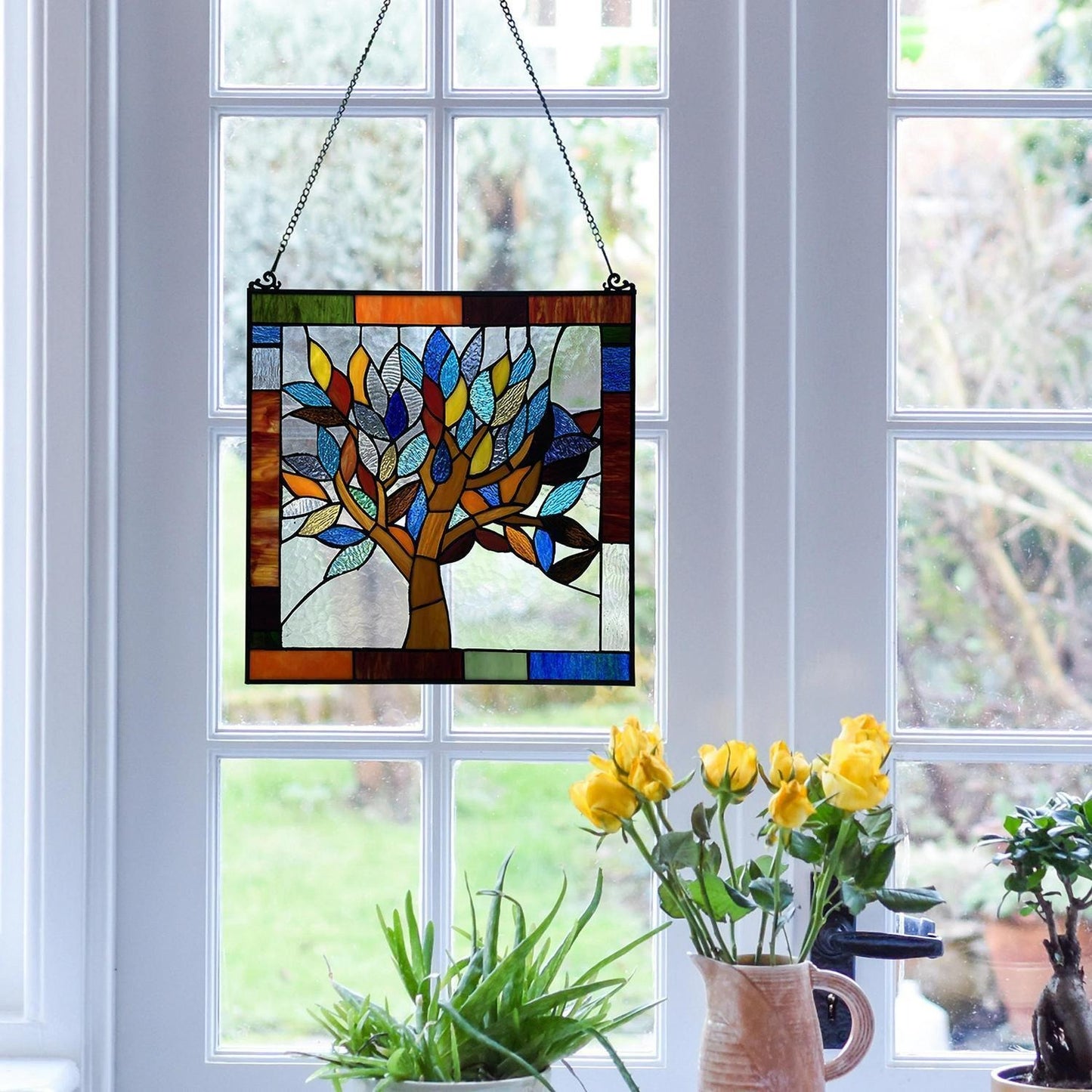 Tiffany Style Colorful World Tree Stained Glass 18in Window Panel Suncatcher