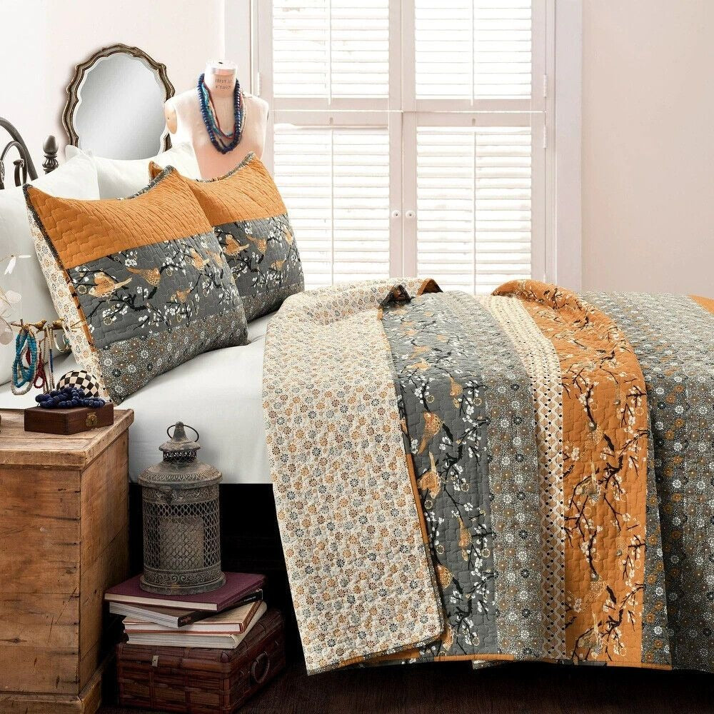 Spice Yellow & Gray Floral Cottage 3-pc Striped Comforter Quilt Set - King Sz