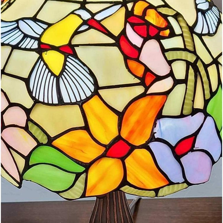 Tiffany Style Table Lamp 19in Tall Floral Hummingbird Stained Glass Accent Lamp