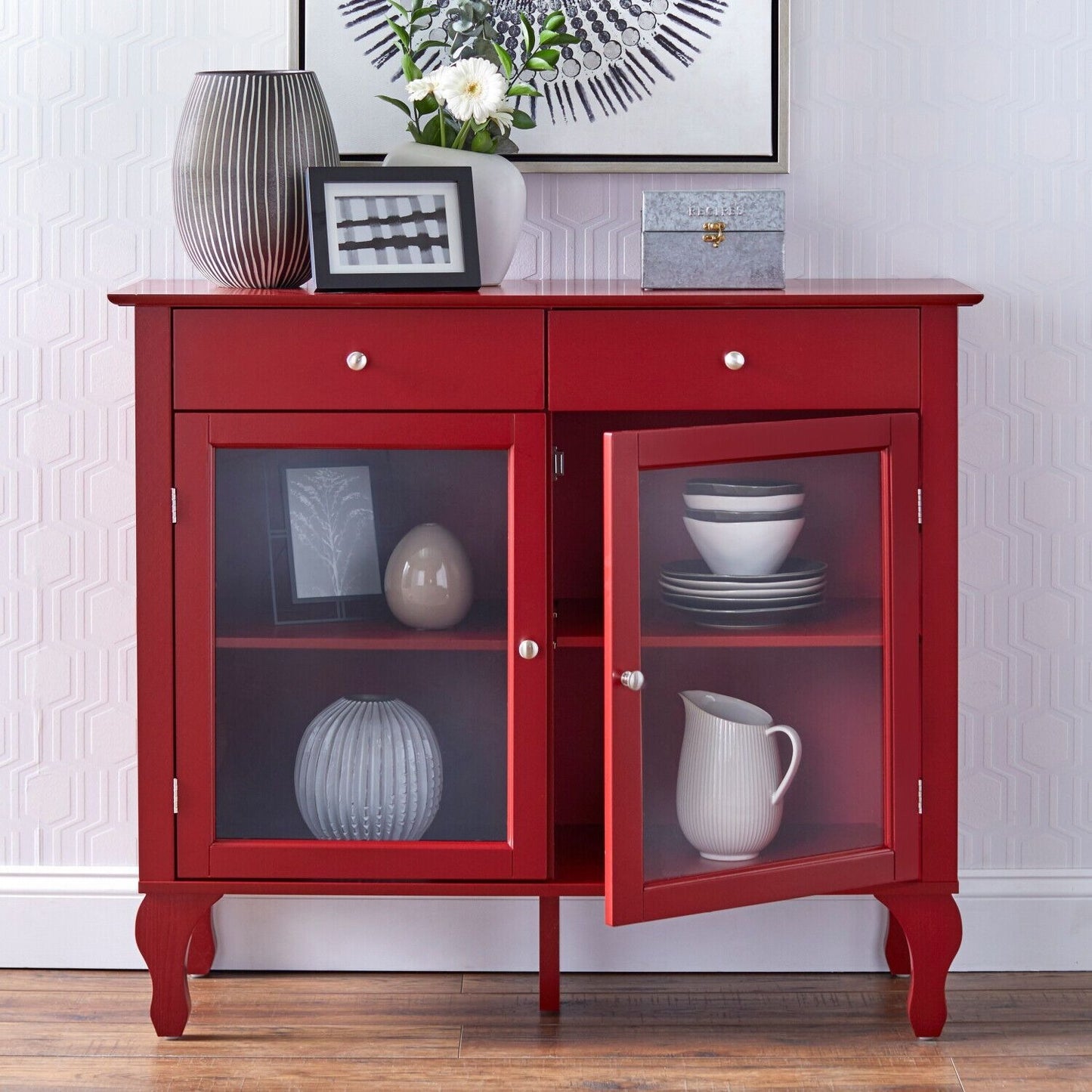 Wood Buffet Storage Display Cabinet w/ Glass Doors in Red Finish