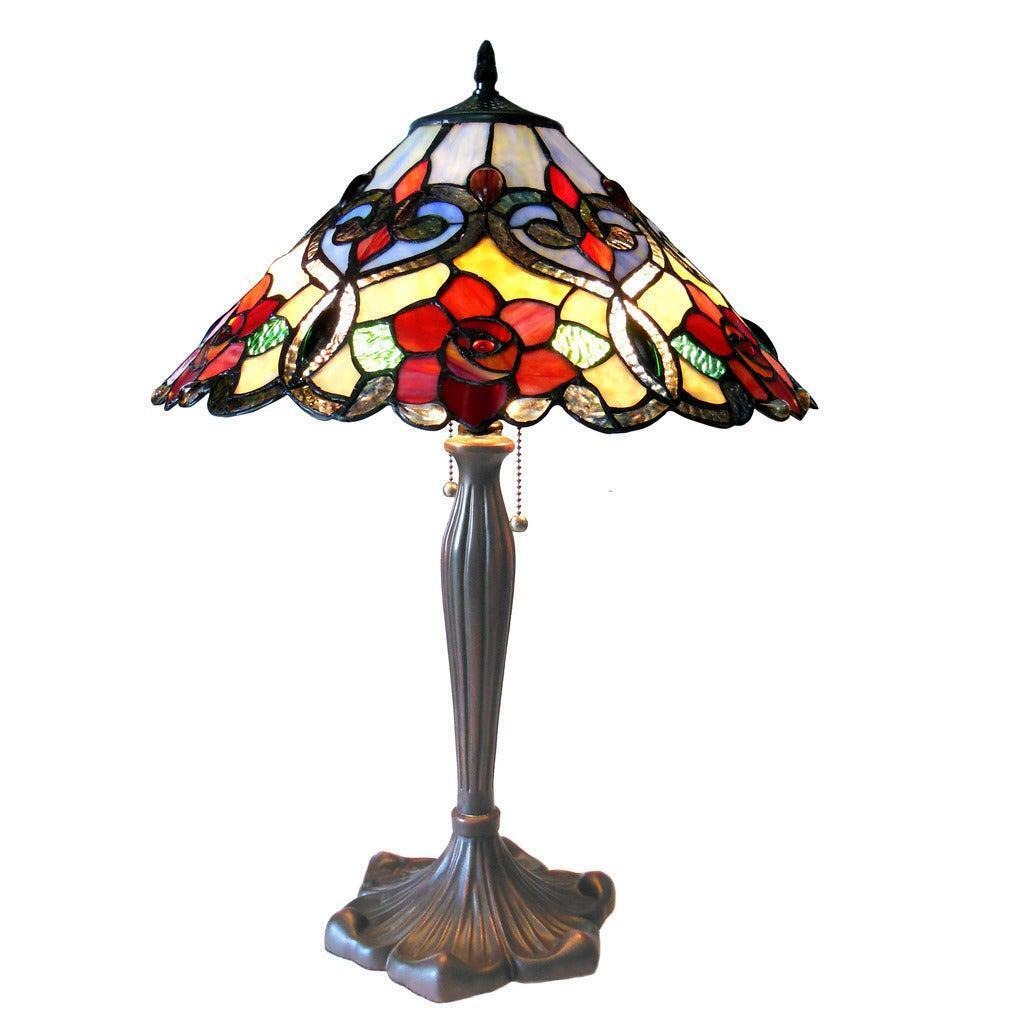 Tiffany Style Rose Floral Design Stained Glass Antique Bronze Table Lamp 23in