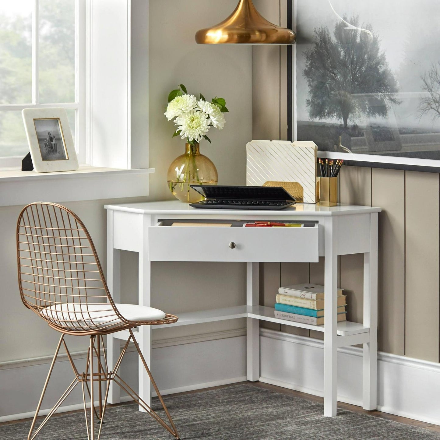 Corner Desk Computer Desk for Home Office and Study w/ Lower Shelf in White