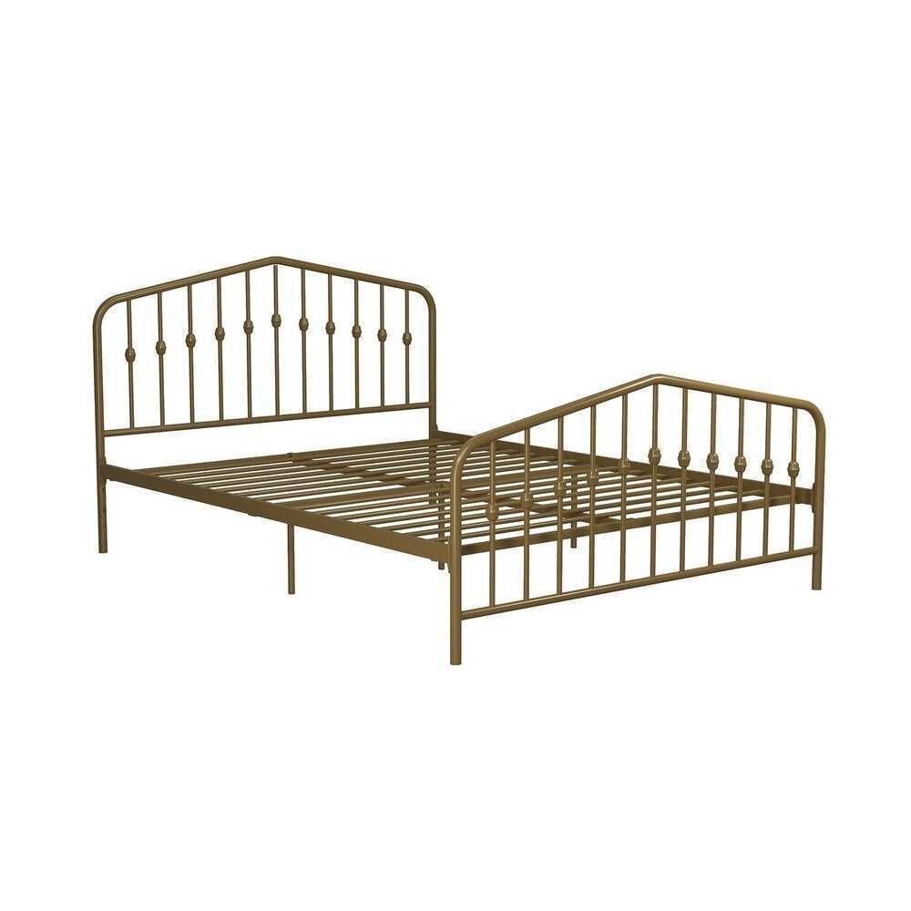 Gold Finish Metal Platform Bed in Off White Decorative Spindles QUEEN Size