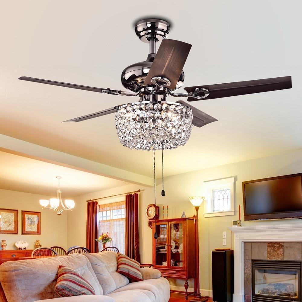 Brown Crystal Chandelier Ceiling Fan 3-Light 5-blade 43-inch -Pull Chain