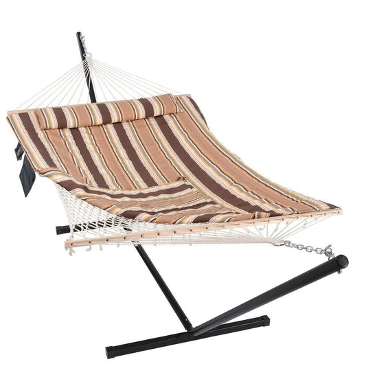 2 Person Hammock With Stand - Cotton Rope, Quilted Brown Striped w/Pillow