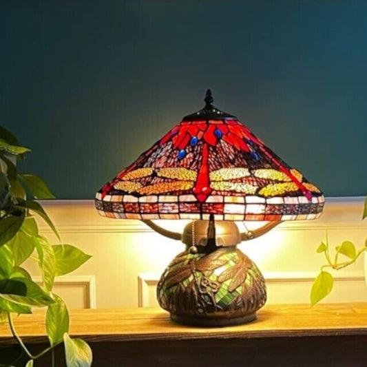 Tiffany Style Stained Glass Table Lamp Red Dragonfly Accent w/ Mosaic Base