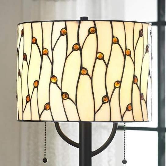 Stained Glass Drum Shade Crème Vines Table Lamp Accent Reading Tiffany Style