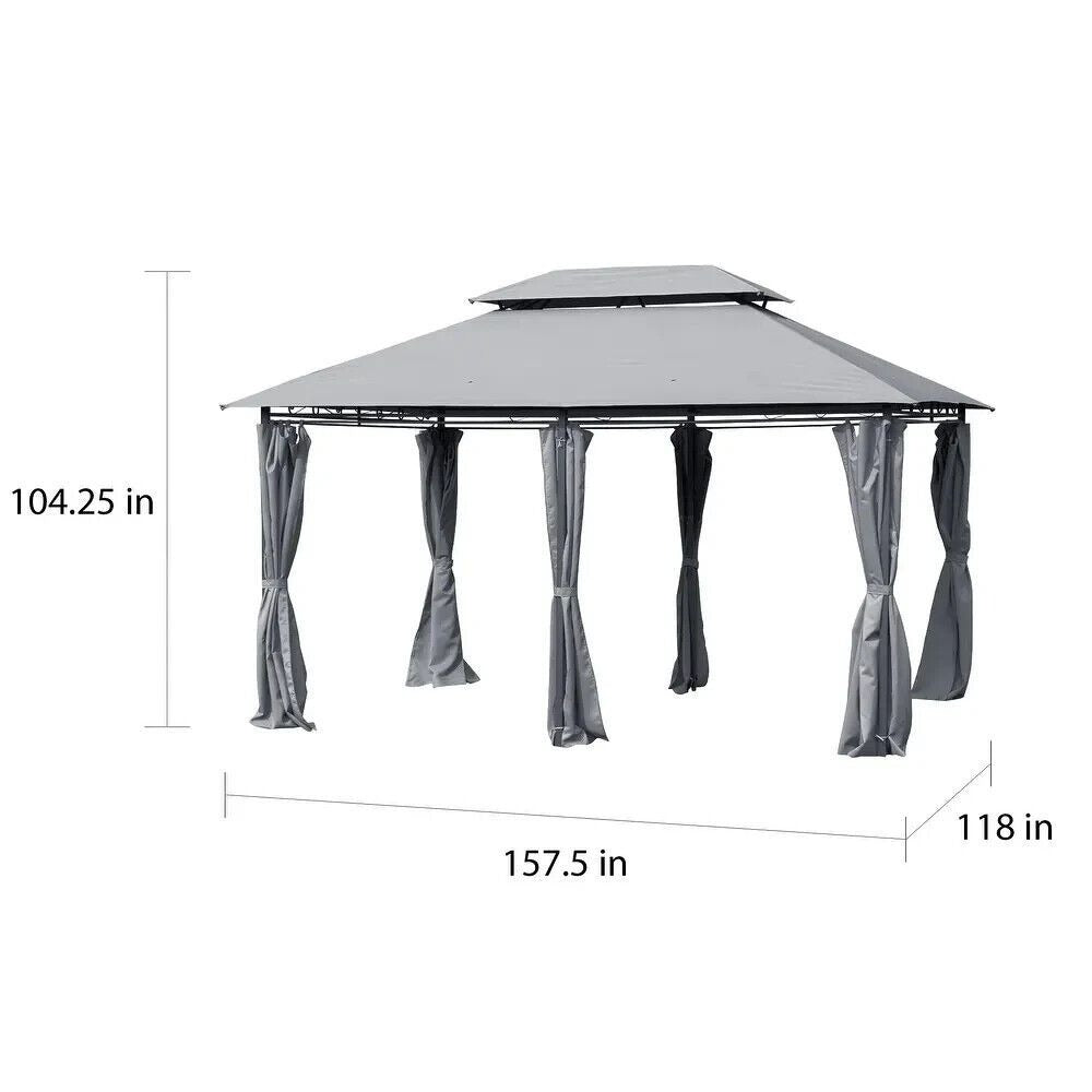 Elegant Outdoor Gazebo Double Tier Roof, Removeable Curtains, 10x13ft in Gray