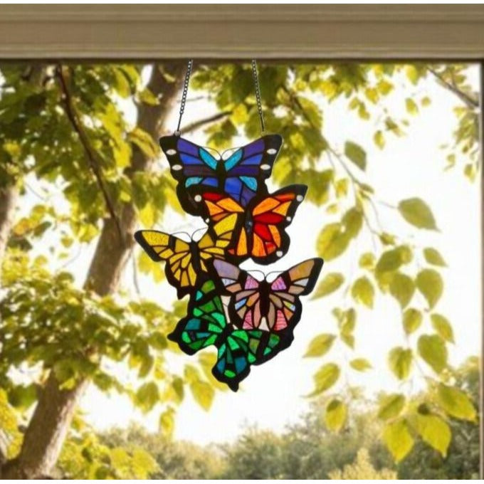 Butterflies Vertical Hanging Stained Glass Window Panel Suncatcher 13in