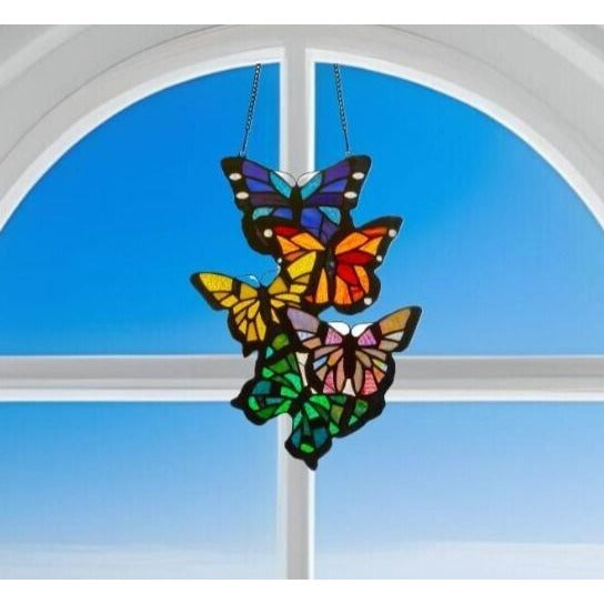 Butterflies Vertical Hanging Stained Glass Window Panel Suncatcher 13in