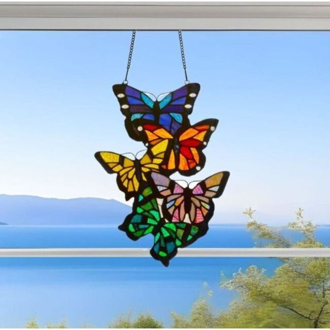 Butterflies Vertical Hanging Stained Glass Window Panel Suncatcher 13in