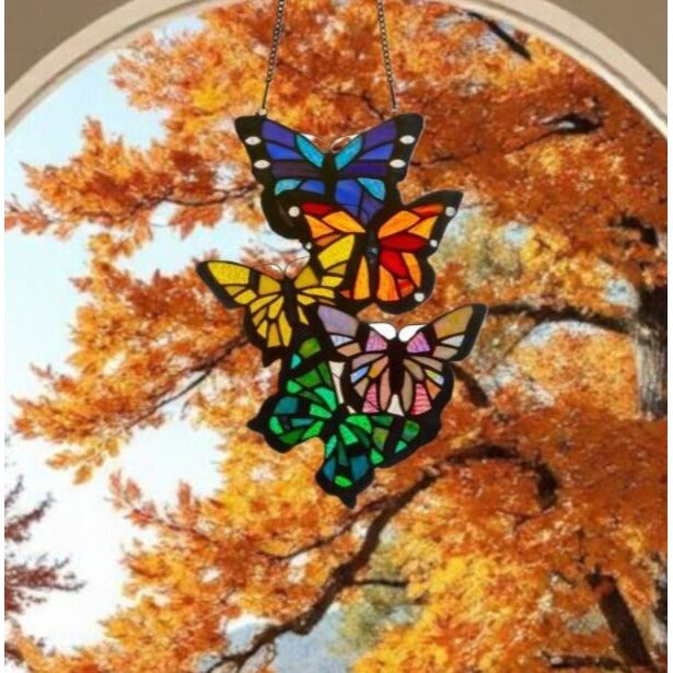 Butterflies Vertical Hanging Stained Glass Window Panel Suncatcher 13in