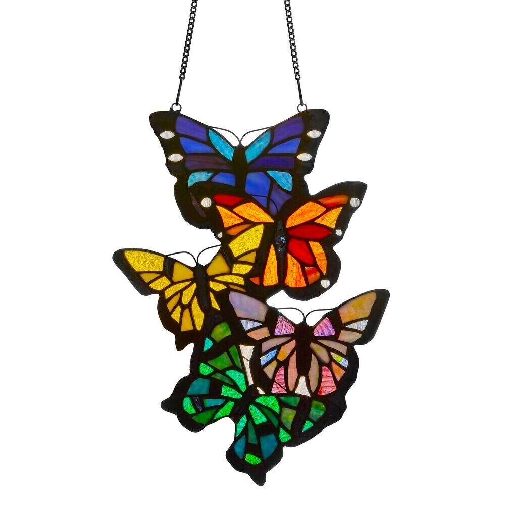 Butterflies Vertical Hanging Stained Glass Window Panel Suncatcher 13in