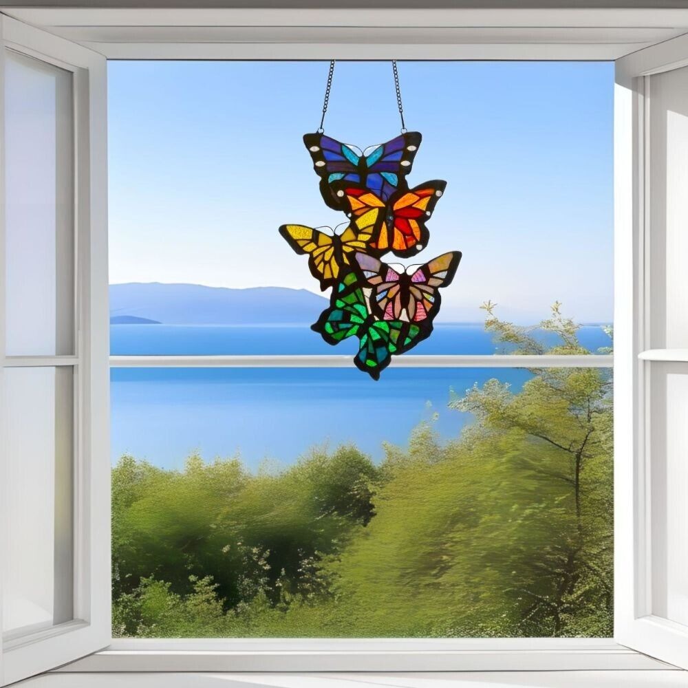 Butterflies Vertical Hanging Stained Glass Window Panel Suncatcher 13in