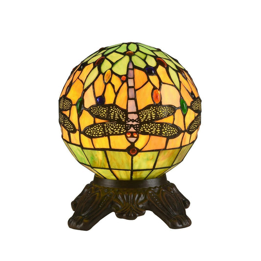 Round Tiffany Style Dragonfly Dark Bronze Stained Glass Accent Table Lamp 10In