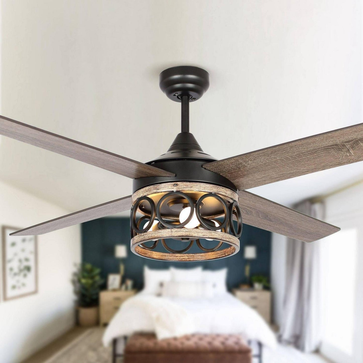 Industrial Style 52in 3-Light Matte Black LED Ceiling Fan with Remote Control