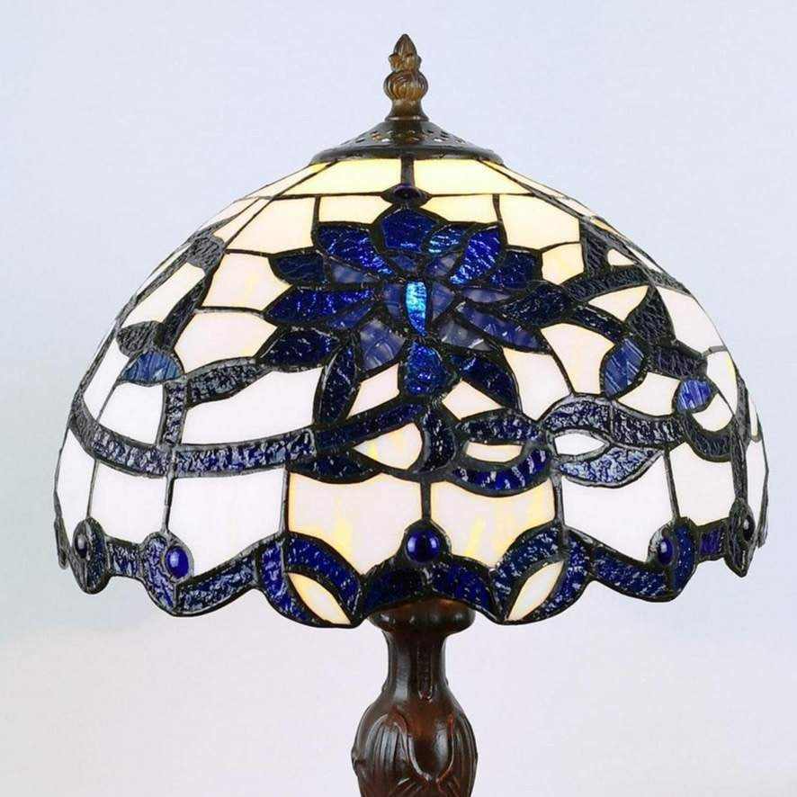 Tiffany Style Stained Glass Table Lamp Blue White Floral Design 12in