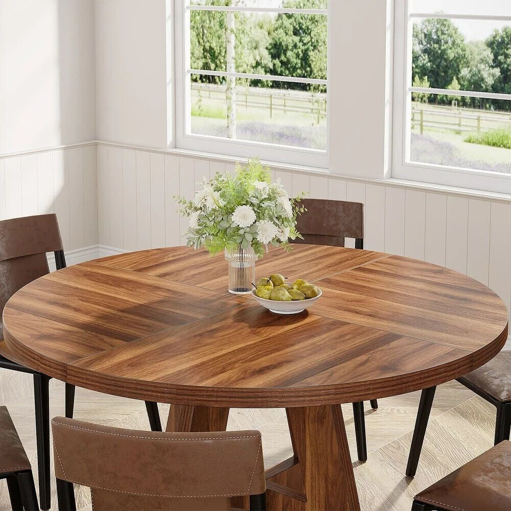 Round Farmhouse Dining Kitchen Table in Rustic Walnut Brown Finish 47in Diameter