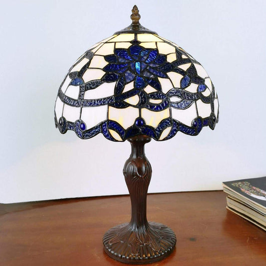 Tiffany Style Stained Glass Table Lamp Blue White Floral Design 12in