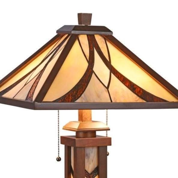 Tiffany Style Stained Glass and Walnut Fin Double Lit Table Lamp With Lit Base