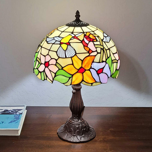 Tiffany Style Table Lamp 19in Tall Floral Hummingbird Stained Glass Accent Lamp