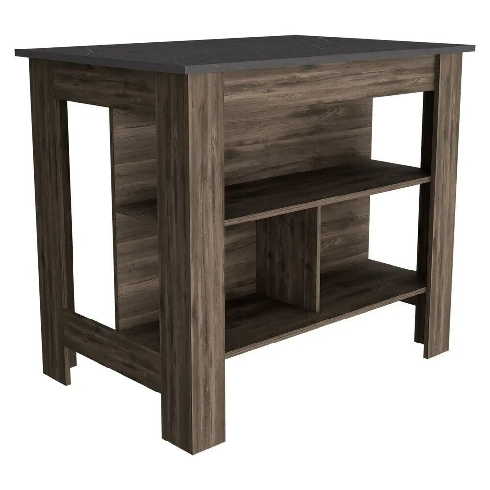 Kitchen Island Table With Open Lower Storage Walnut Finished/Black Onyx Fin Top