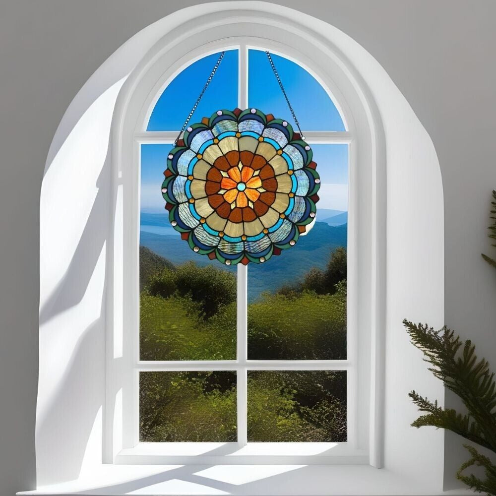 Round Multicolor Tiffany Style Stained Glass Window Panel Suncatcher 18in