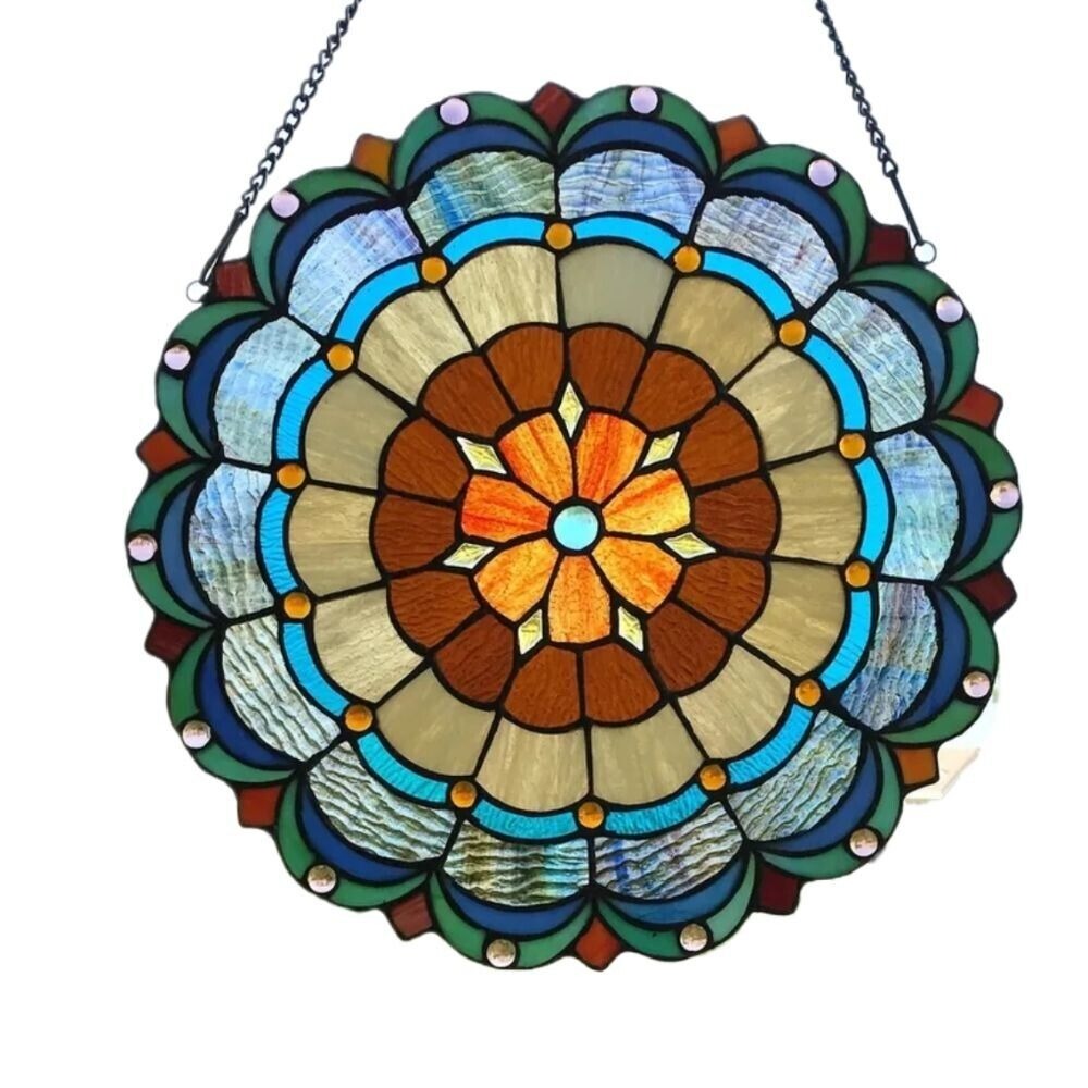 Round Multicolor Tiffany Style Stained Glass Window Panel Suncatcher 18in