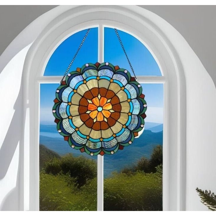 Round Multicolor Tiffany Style Stained Glass Window Panel Suncatcher 18in