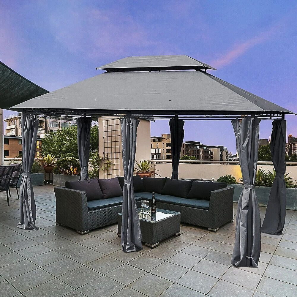 Elegant Outdoor Gazebo Double Tier Roof, Removeable Curtains, 10x13ft in Gray