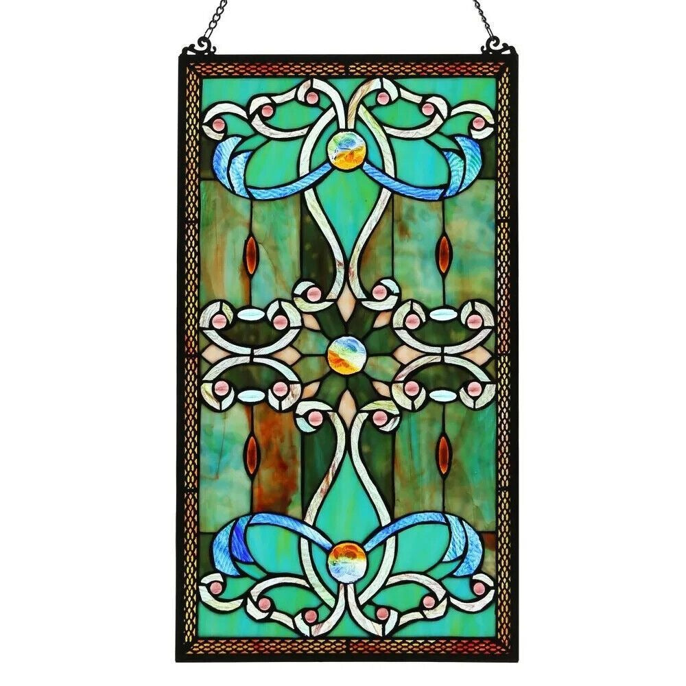 Tiffany Style Stained Glass Green Window Panel Suncatcher 15in X 26in