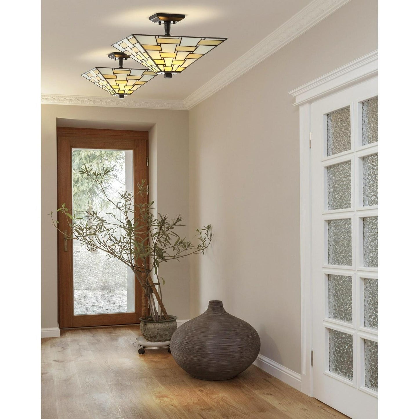 Mission Style Stained Glass Semi Flush Mount Ceiling Light in Creme Color