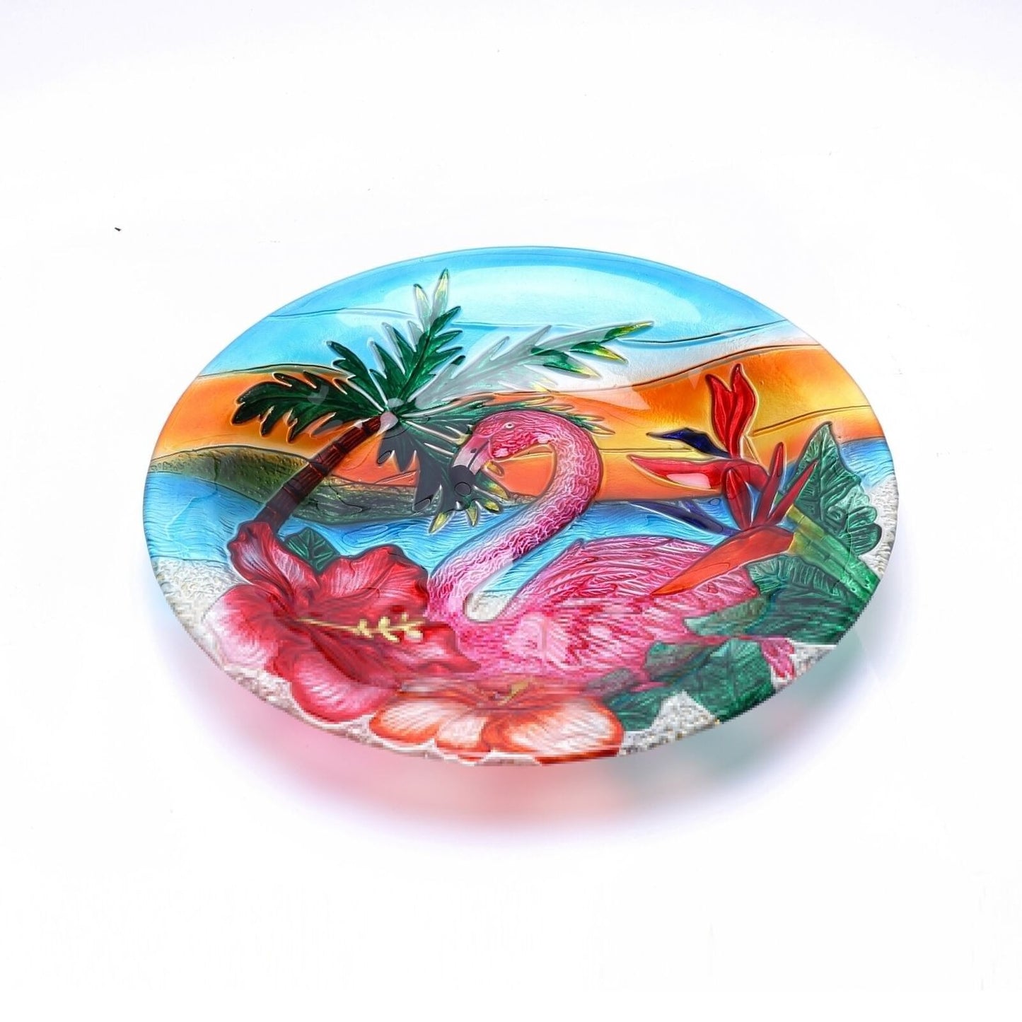 Flamingo Theme Bird Bath with Folding Metal Stand Glass Bowl Birdbath