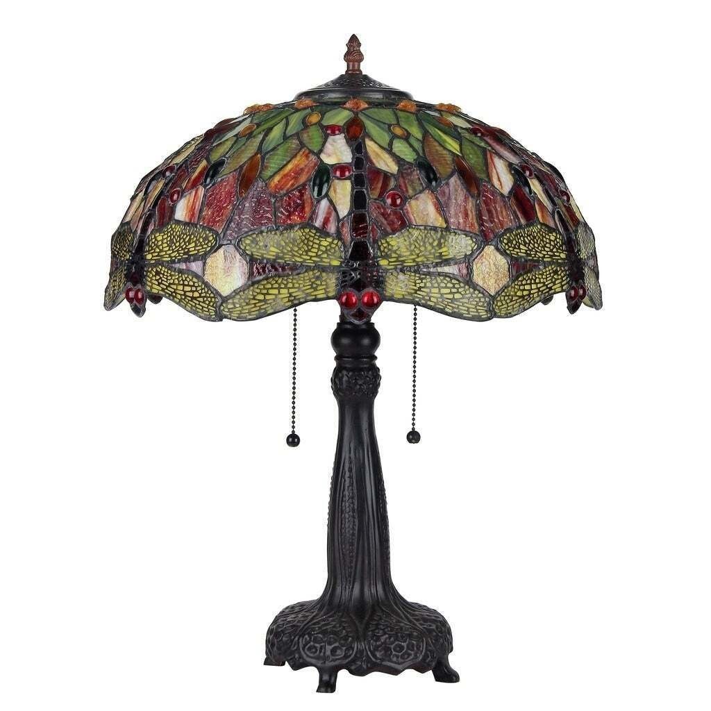Stained Glass Tiffany Style Dark Bronze Finish Dragonfly Metal Table Accent Lamp