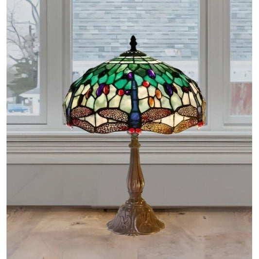 Jeweled Green and White Stained Glass Tiffany Style Dragonfly Table Lamp 18inT