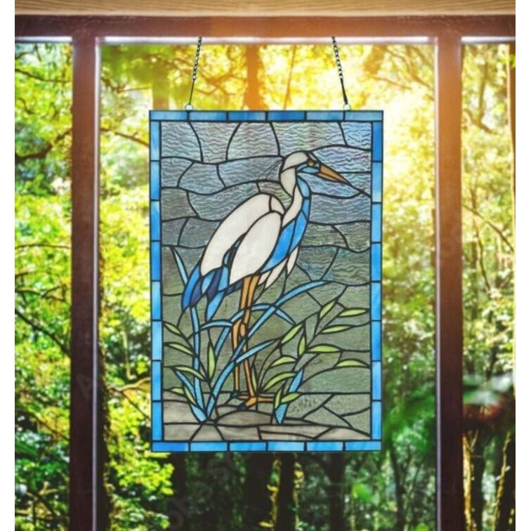 Elegant Tiffany Style Crane Bird Stained Glass Window Panel Suncatcher 12x18in