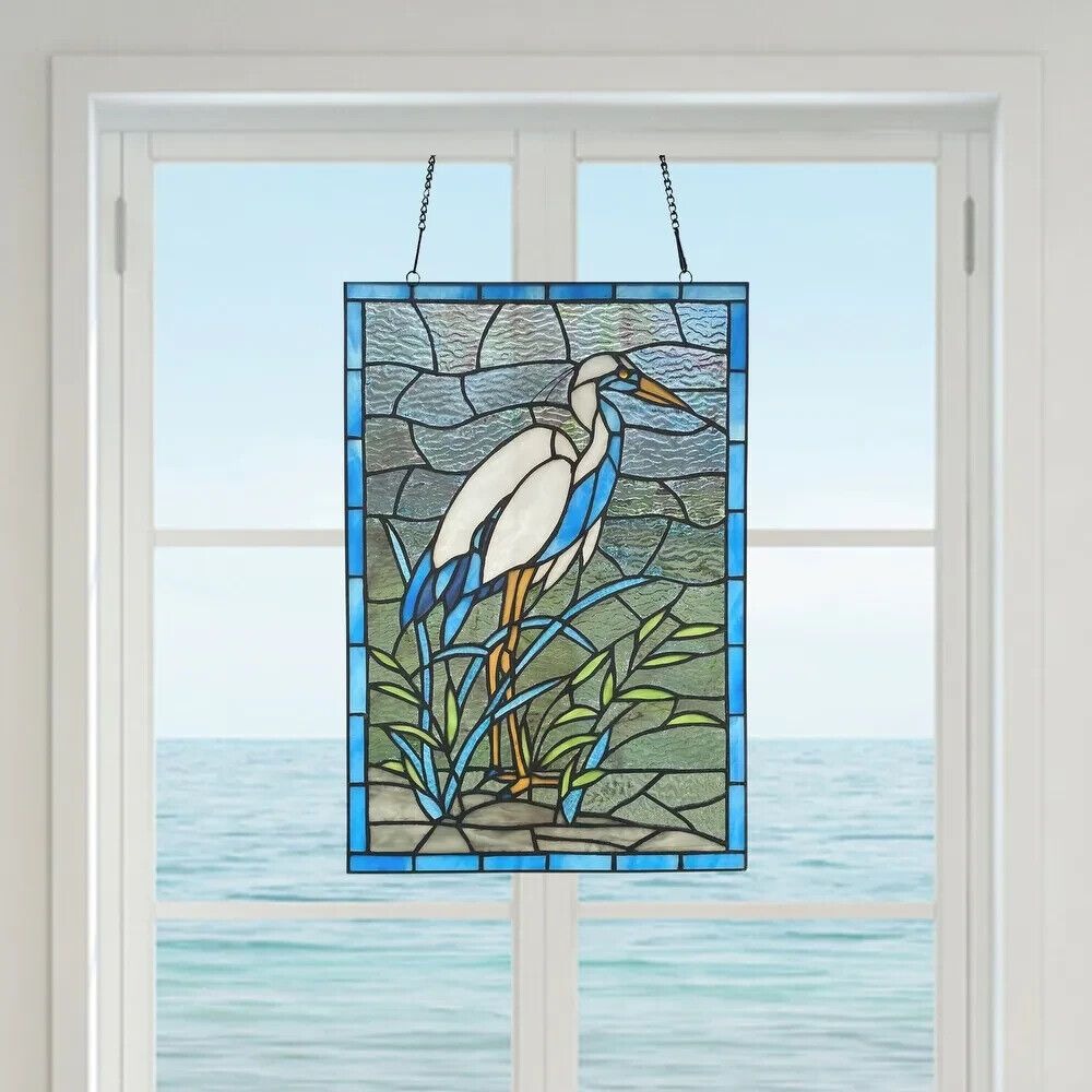 Elegant Tiffany Style Crane Bird Stained Glass Window Panel Suncatcher 12x18in