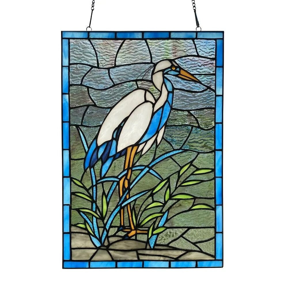 Elegant Tiffany Style Crane Bird Stained Glass Window Panel Suncatcher 12x18in