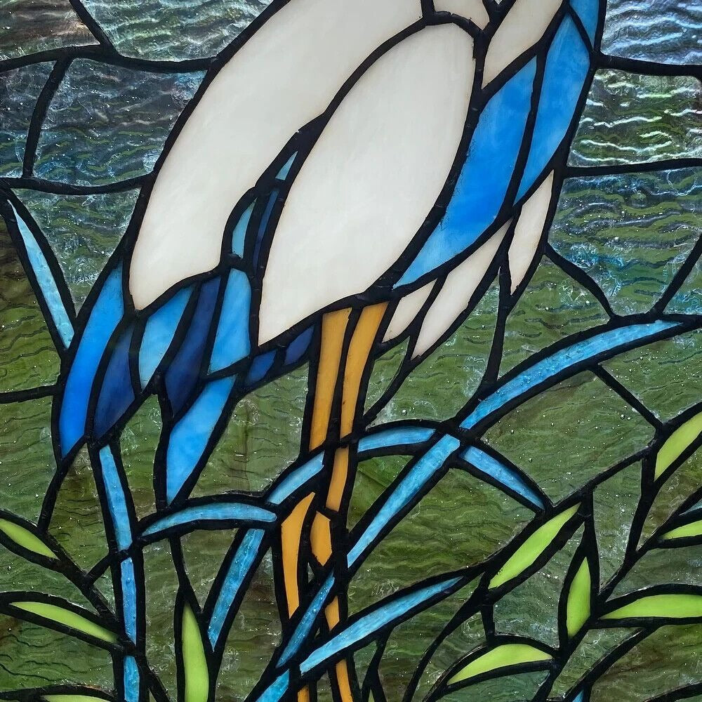 Elegant Tiffany Style Crane Bird Stained Glass Window Panel Suncatcher 12x18in