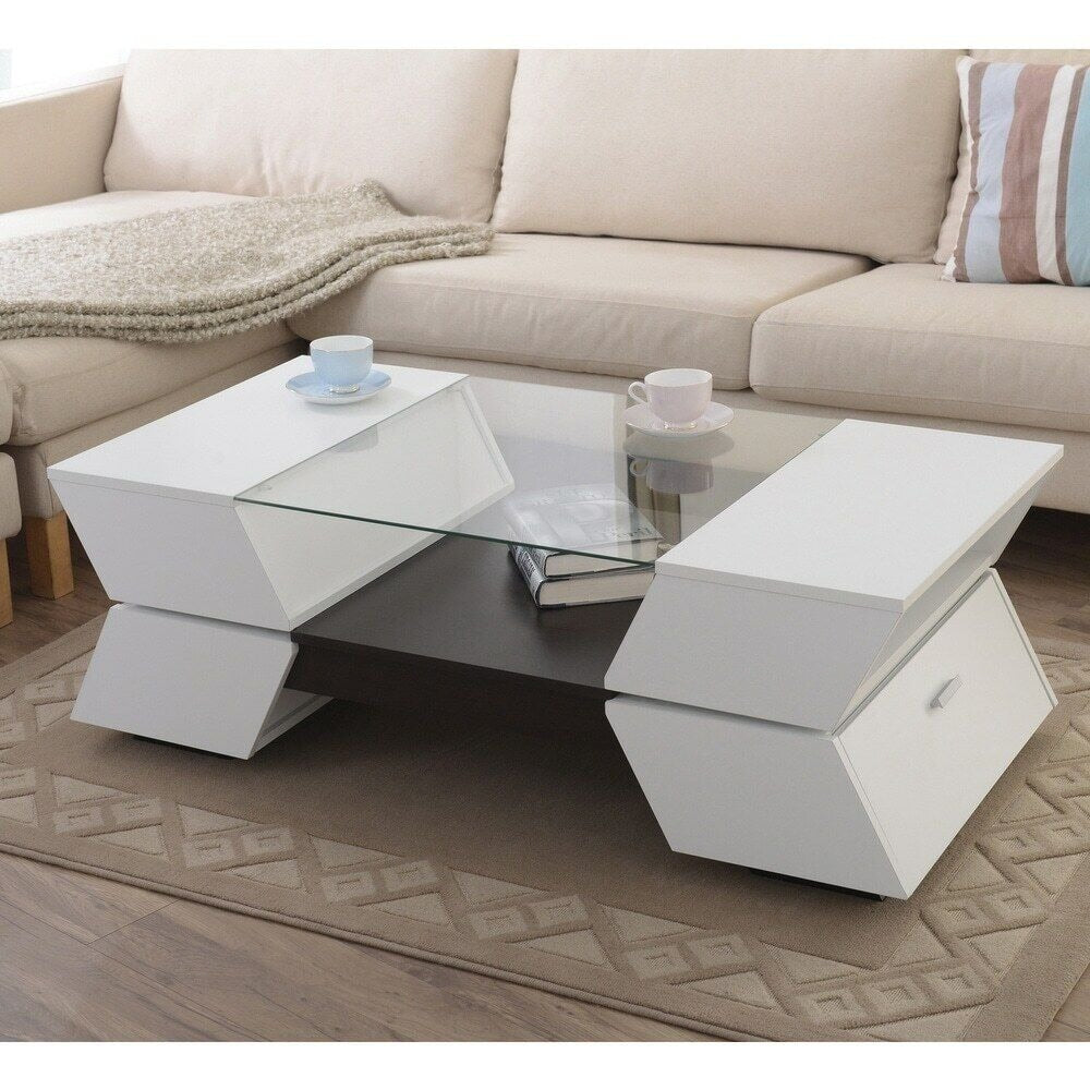 Modern Multi-Storage Coffee Table w/ Tempered Glass Top Open Center - Espresso