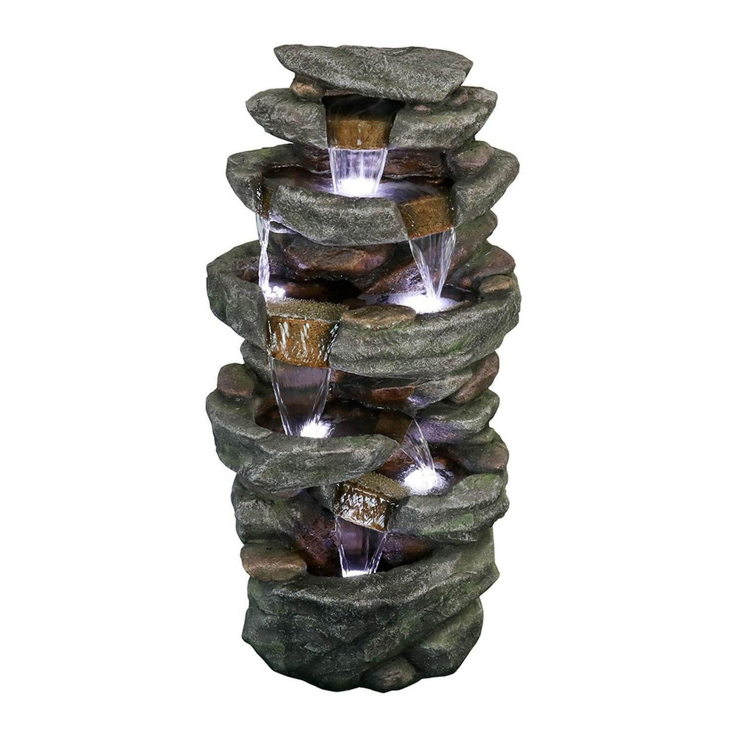 Rock 5-Tier Rock Outdoor Water Fountain: LED Lit, Easy Setup, Durable Polyresin