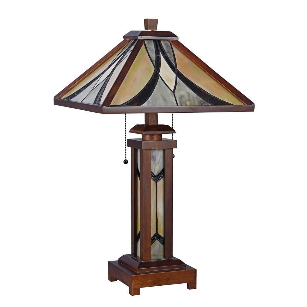 Tiffany Style Stained Glass and Walnut Fin Double Lit Table Lamp With Lit Base