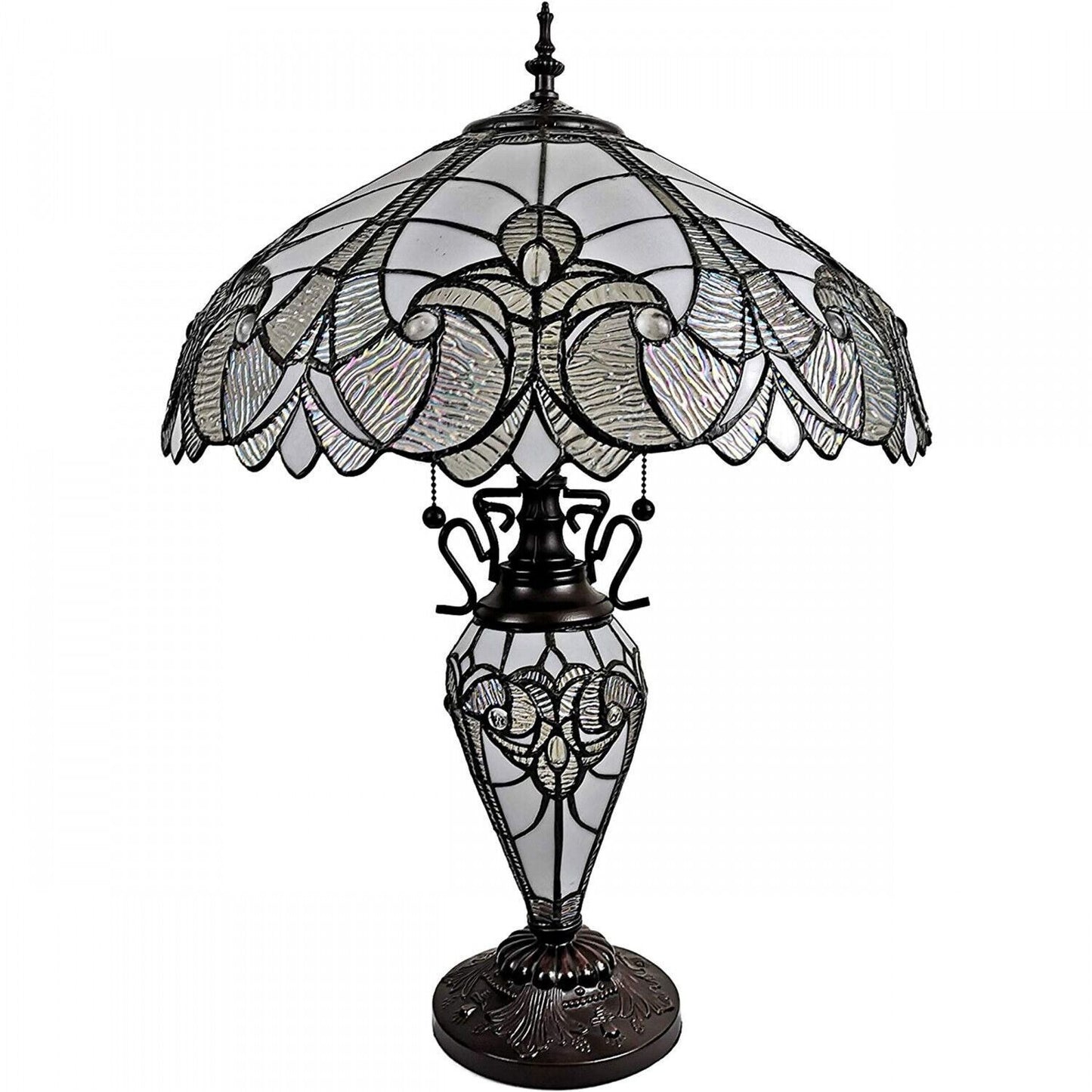 Tiffany Style White Stained Glass Victorian Floral Double Lit Table Lamp