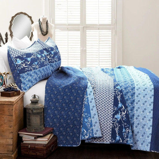 Navy Blue Floral Cottage 3-pc Comforter Quilt Set - King Sz