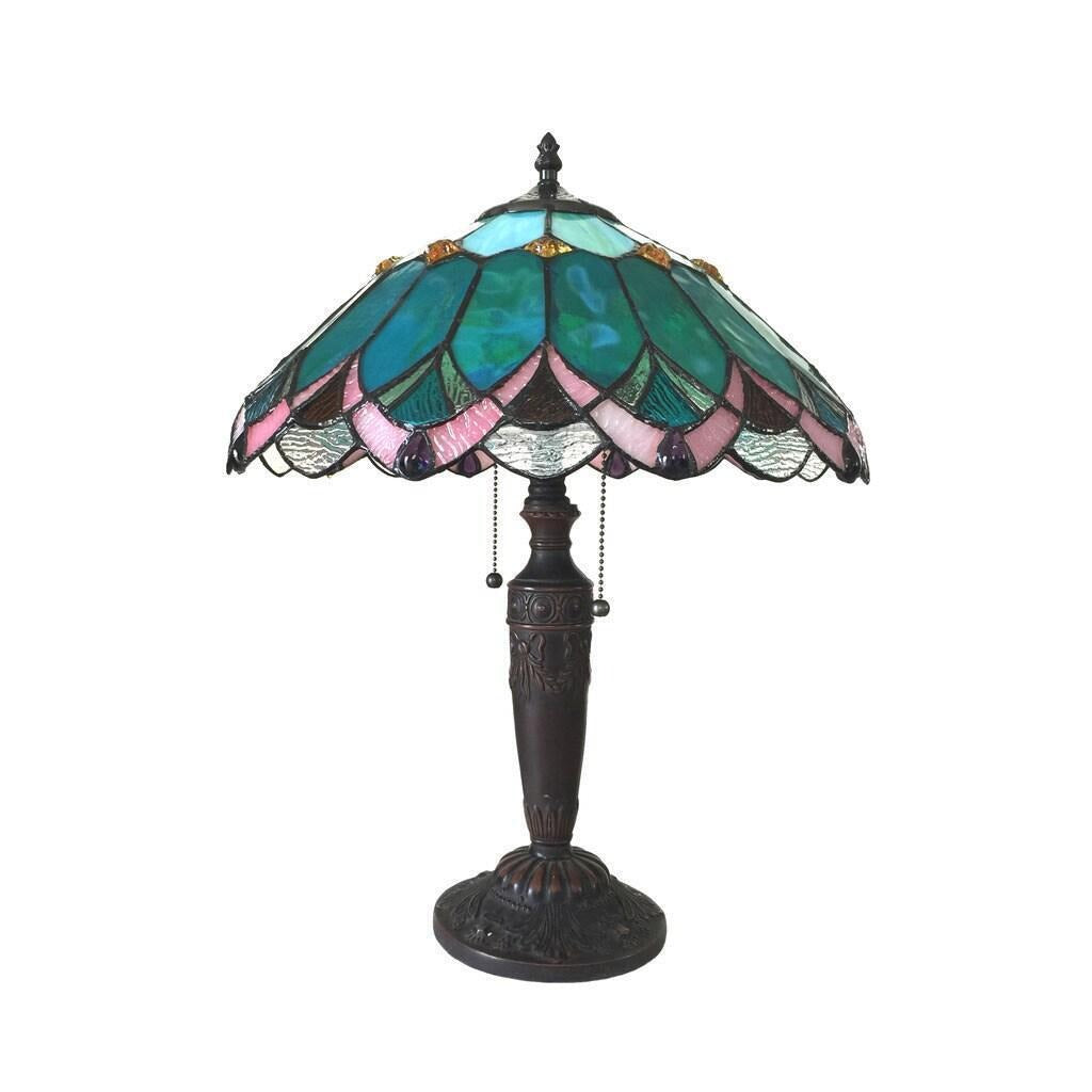 Handcrafted Emerald Victorian Tiffany Style Stained Glass 2-Light Table Lamp