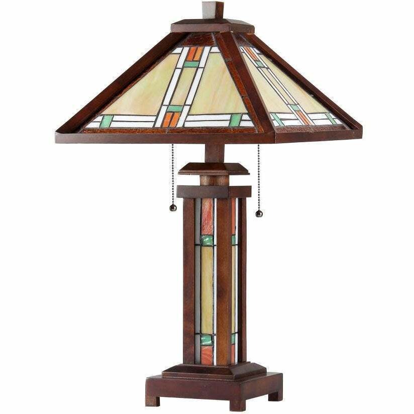 Tiffany Style Mission Design Double Lit Table Lamp Lighted Base Lt Bronze Finish