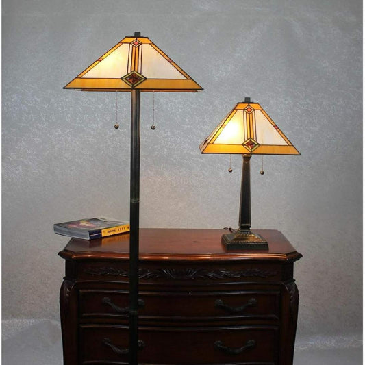 Stained Glass Lamp Set Tiffany Style Mission Table and Floor Lamp