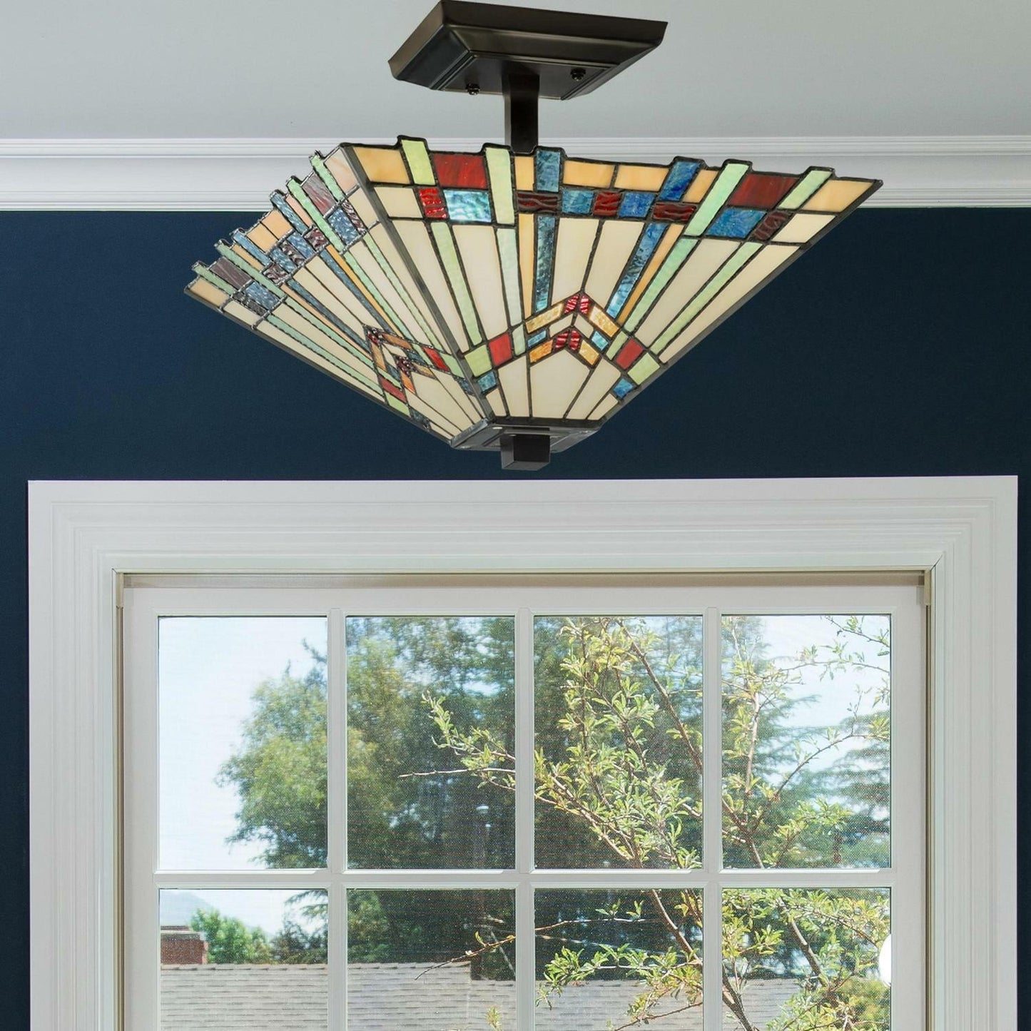 Multicolor Stained Glass Semi-Flushmount Ceiling Mission Style Light